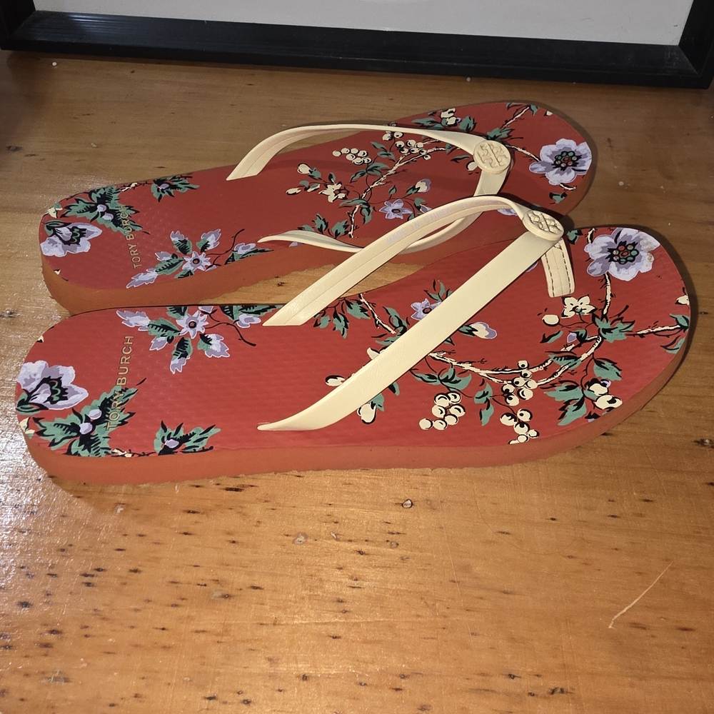 Tory Burch Floral Flip Flop Sandals in Coral with Cream Straps